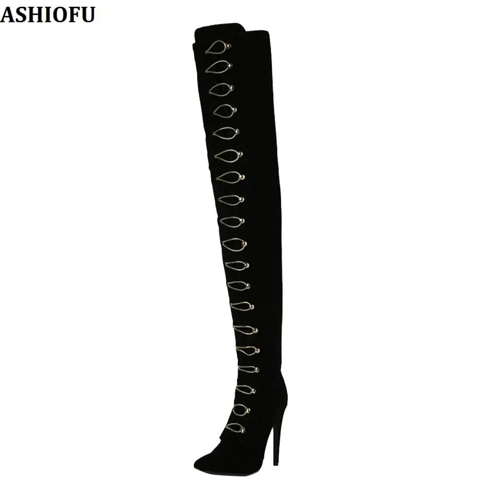 

ASHIOFU Handmade Women Thigh High Boots Sexy Night-club Party Prom Over Knee Boots Stiletto High Heel Fashion Long Boots Shoes