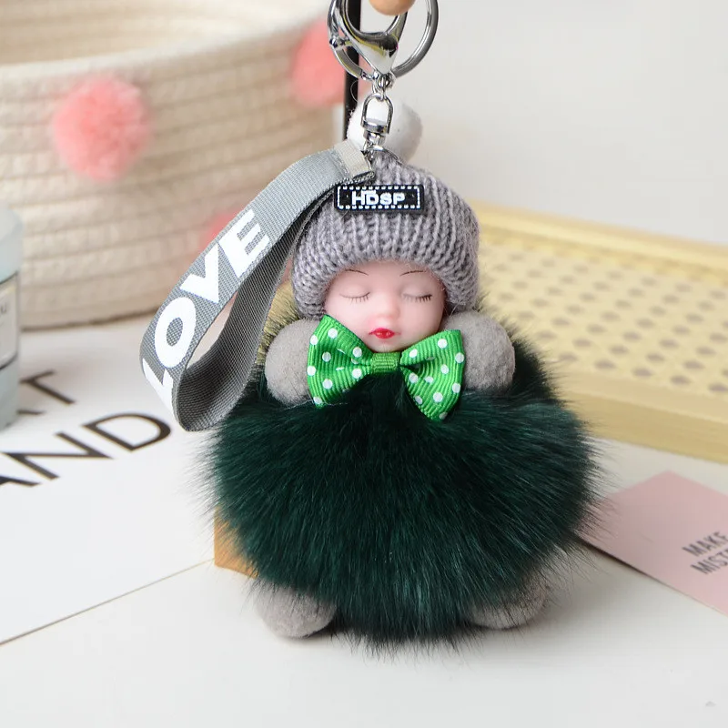 Fashion Colorful Sleeping Baby Doll Hanging Piece Hair Ball Pendant Cute Fluffy Pompom Chain Cotton Wool Holder Bag Ball Toy