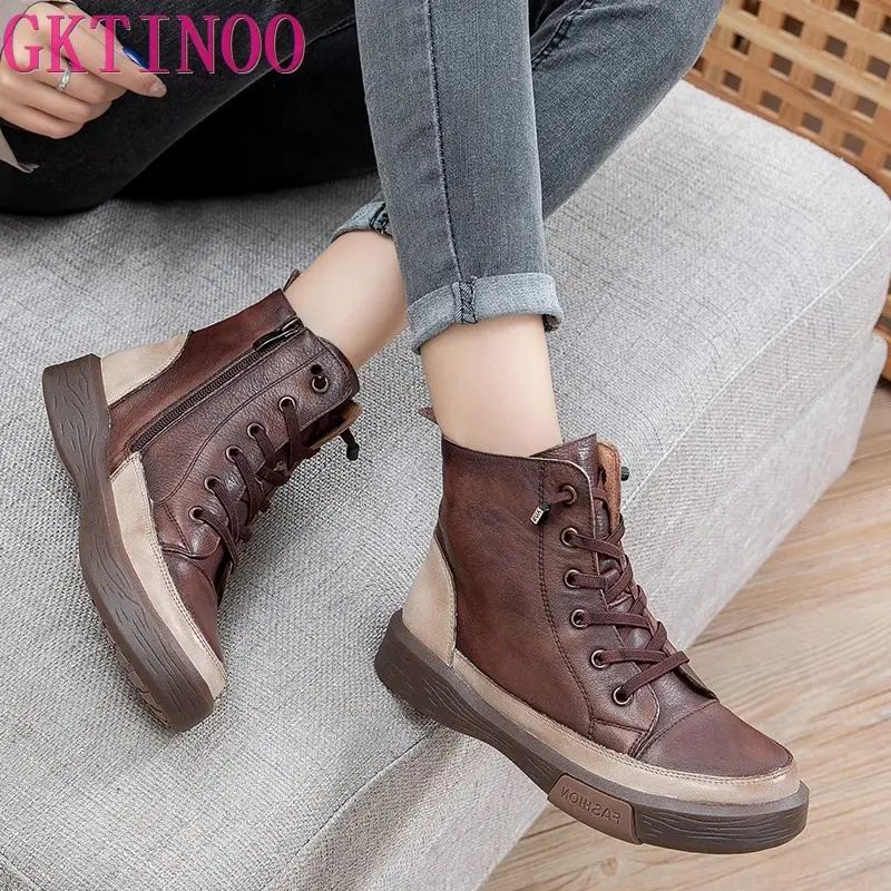 GKTINOO damskie buty do kostki ze skóry naturalnej mieszkania damskie Zip pluszowe ciepłe zimowe buty kobiece moda miękkie szycie Retro krótkie buty