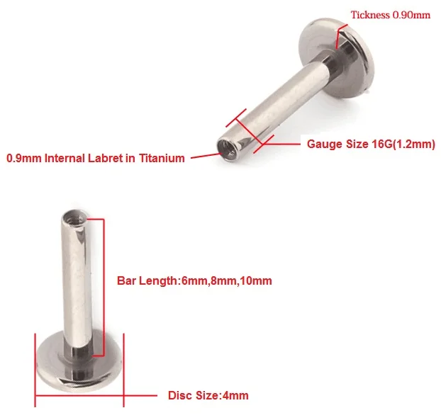 G23 Titanium Internally Threaded 16G 14G Bar Labret Lip Piercing Ear Cartilage Helix Tragus Stud Replacement Body Jewelry