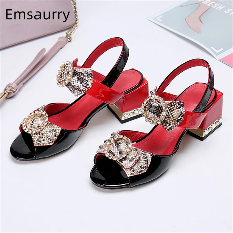 Jeweled Serpentine Butterfly-knot Sandals Women Square Heel Open Toes Crystal High Heels Rhinestone Summer Shoes Woman