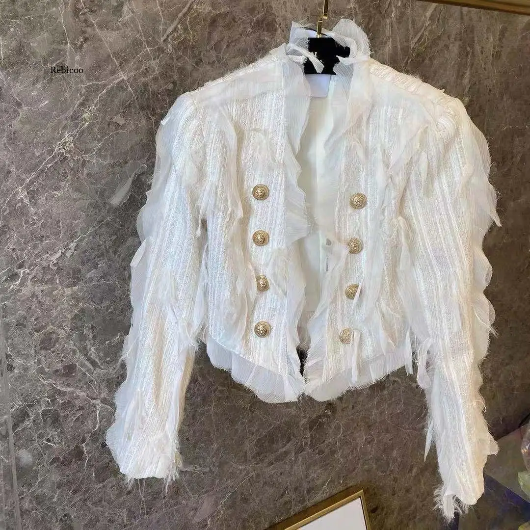

Ladies Small Fragrant Wind Tassel Coat Female Heavy Industry Luxury Double-Breasted White Short Top with Gold Buckle Autumn New