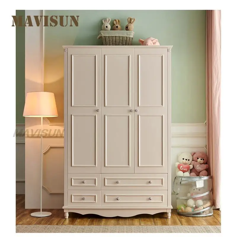 American Style Solid Wood Wardrobe With Drawer Simple Household Bedroom Furniture Three-Door White Clothing Cupboard For Child