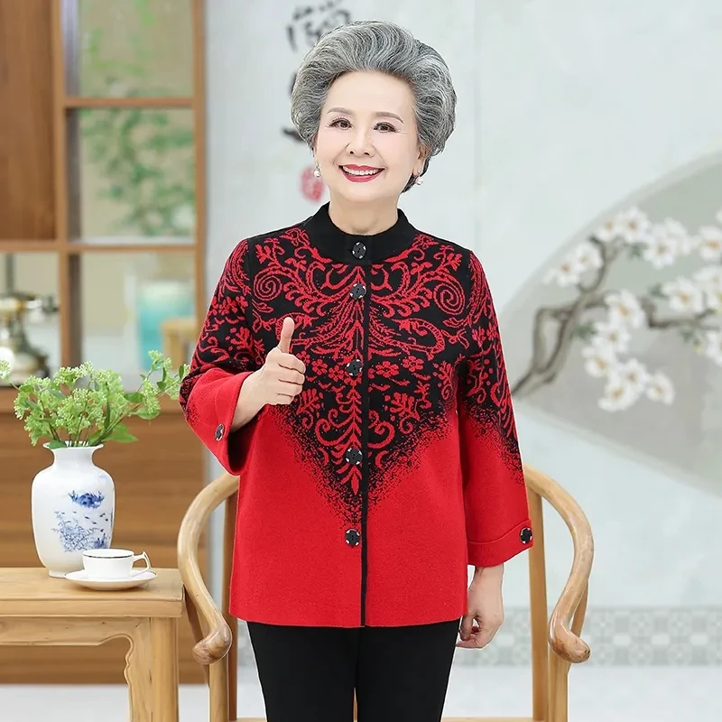 Middle-Aged Elderly Women's Sweater Outerwear knitwear Cardigan Grandma Spring Autumn Jacket Female Nine-Sleeve Shirt Coat Top