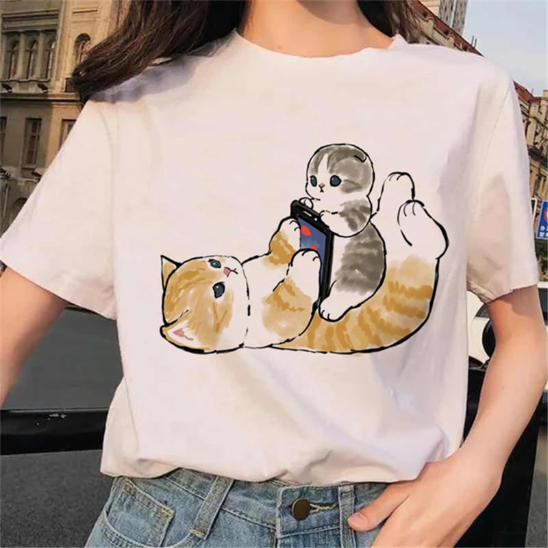 Lovely Summer Kawaii Cat Graphic print ladies T-shirt casual basis O-collar white shirt short sleeve ladies T-shirt,Drop Ship