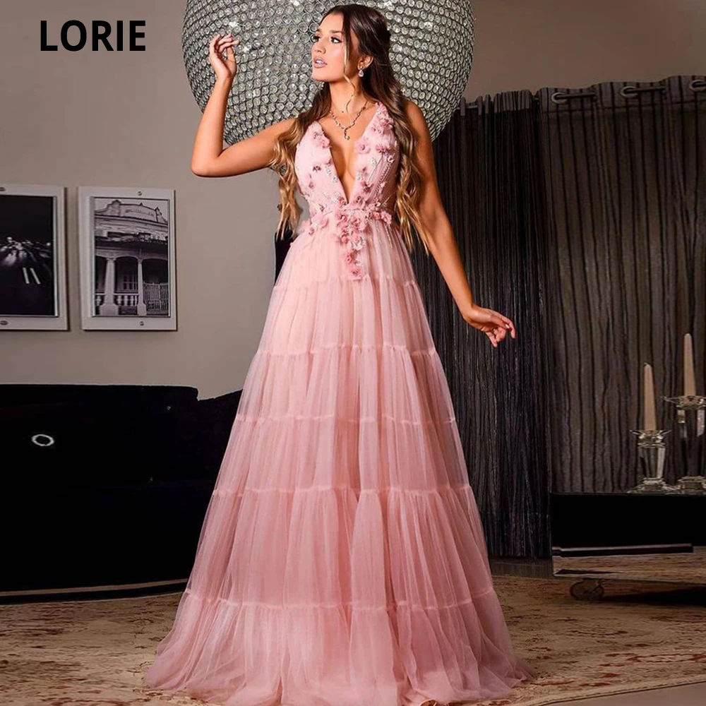 LORIE Sexy Deep V-neck Tulle Evening Dresses 2021 For Party Tassels 3D Flowers Long Prom Dressing Gowns Vestidos De Fiesta