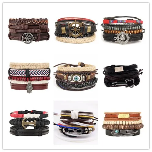 Boho Multilayer Leather Bracelet Eye Feather Hand Star Life Tree Wing Charms Beads Bracelets for Men Vintage Punk Wrap Wristband