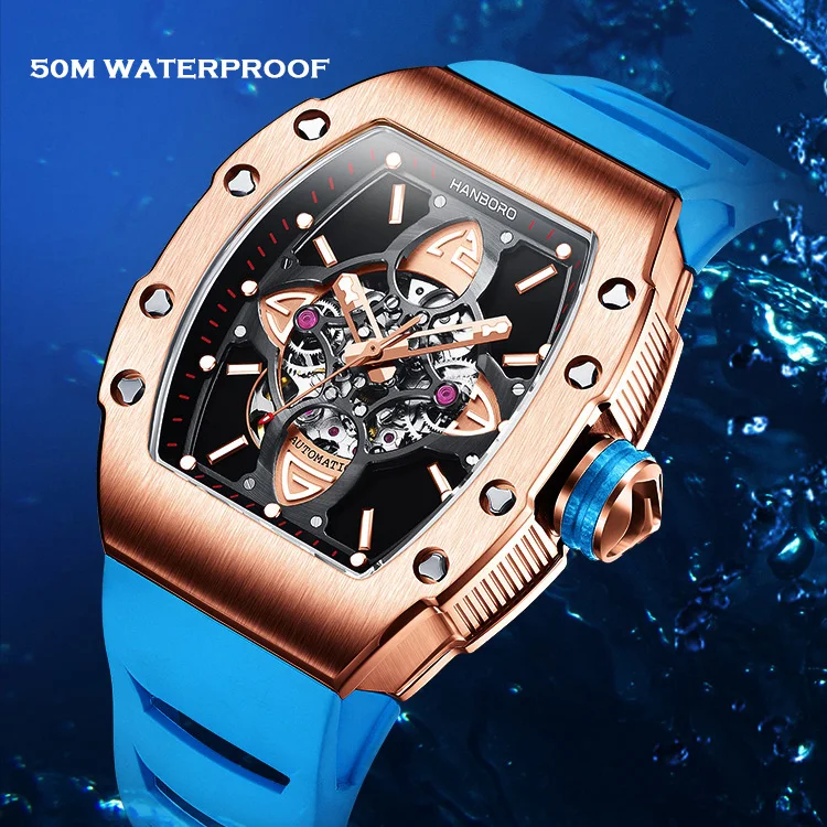 HANBORO Men Automatic Watch 50mm Tonneau Case Mechanical Wristwatch Luminous 5ATM Skeleton Dial