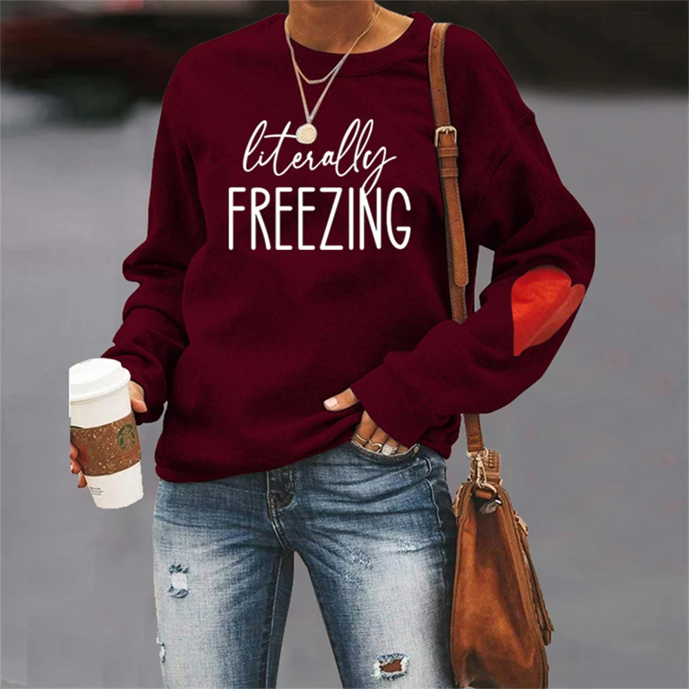 Literally Freezing Letter Print Womens Sweatshirts O-neck Long Sleeve with Red Heart Hoodie Female Harajuku Aesthetic Hoodies