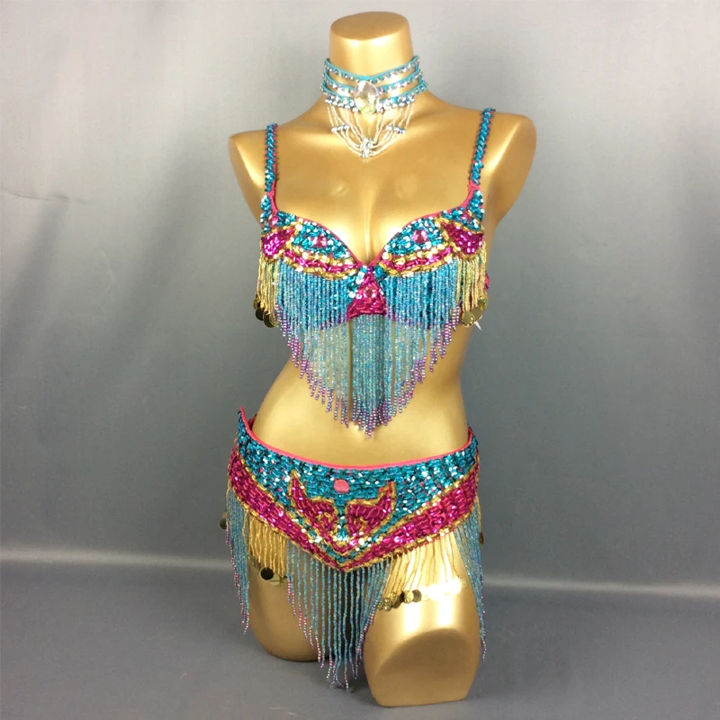 Hot Selling Belly Dance Competition Costume New-Style Sexy Handmade Beaded Tassel Sequins Bra Belt 2 Piece Sets 5 COLOR DL6290