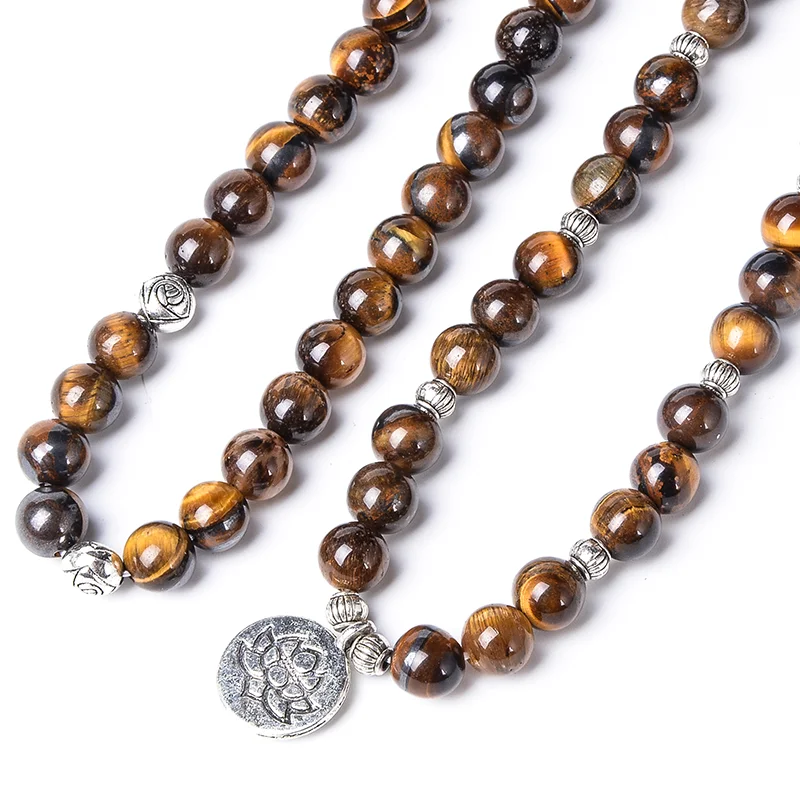 8mm Natural Yellow Tiger Eye Beaded Bracelet 108 Japamala Yoga Healing Jewelry Men and Women Energye Elastic Cord Wrap Bangle