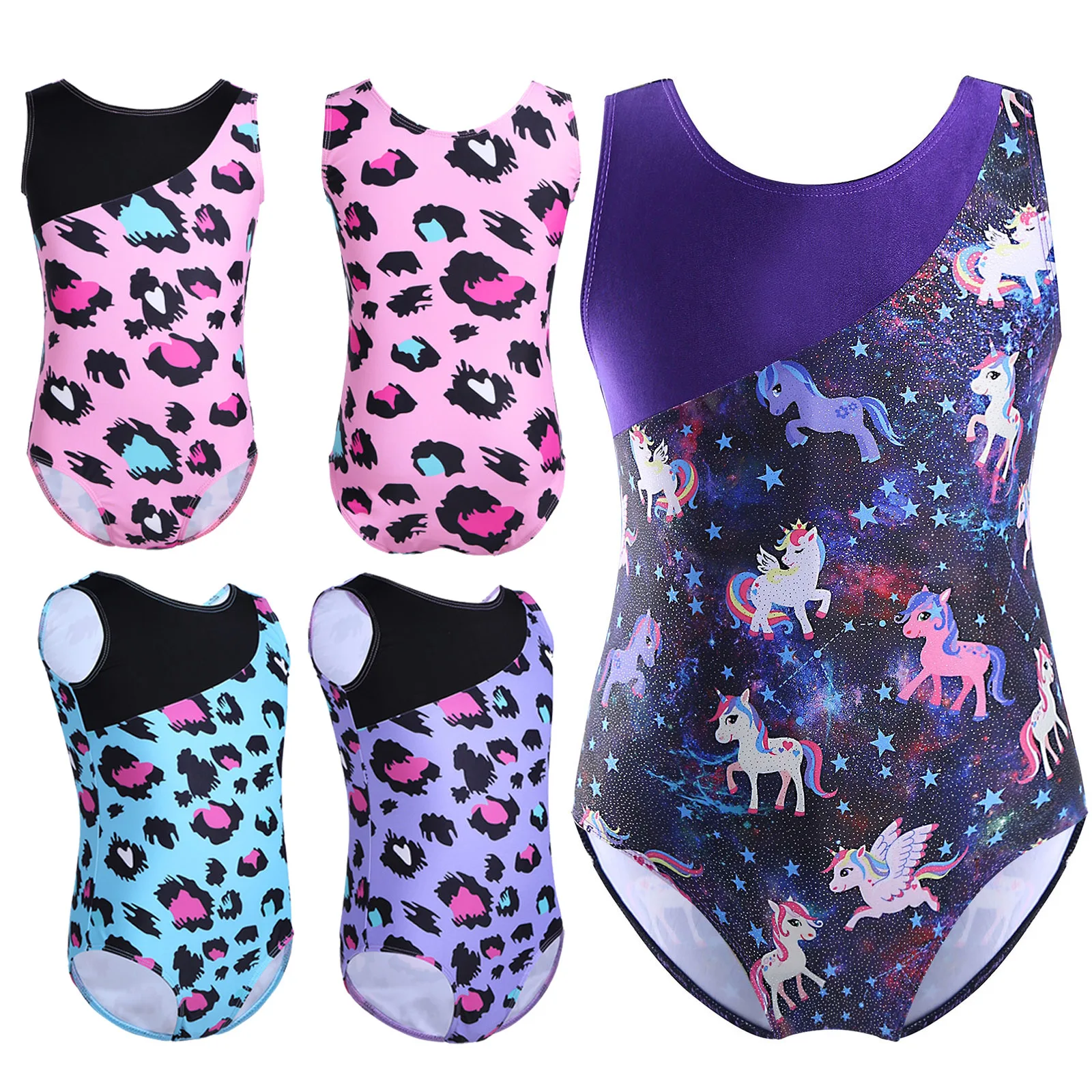 Kids Girls Leotards Gymnastics Costume Professional Sleeveless Print Ballet Dance Leotard Jumpsuit Competition Performance Wear