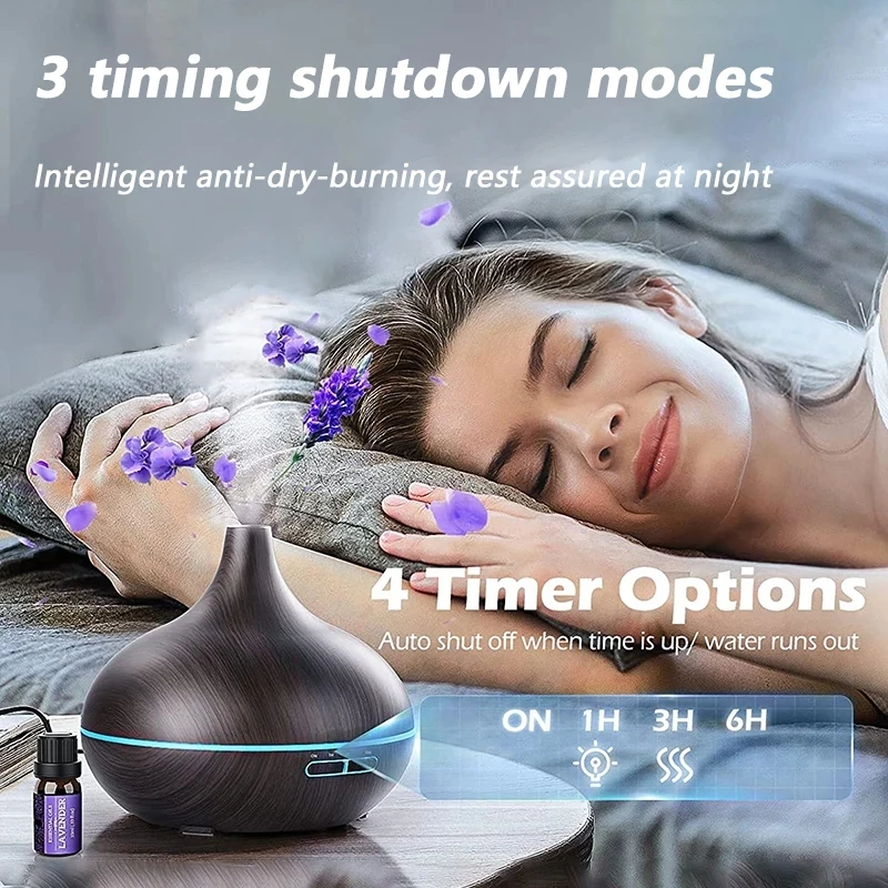 500ML Electric Air Ultrasonic Humidifier Essential Aroma Oil Diffuser With Remote Control Wood Grain Mini Mist Maker 3 Color Led