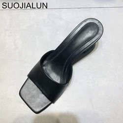 SUOJIALUN 2021 New Brand Women Slipper Summer Outdoor Sandal Square High Heel Slip On Flip Flop Elegant Women Slides Sandal