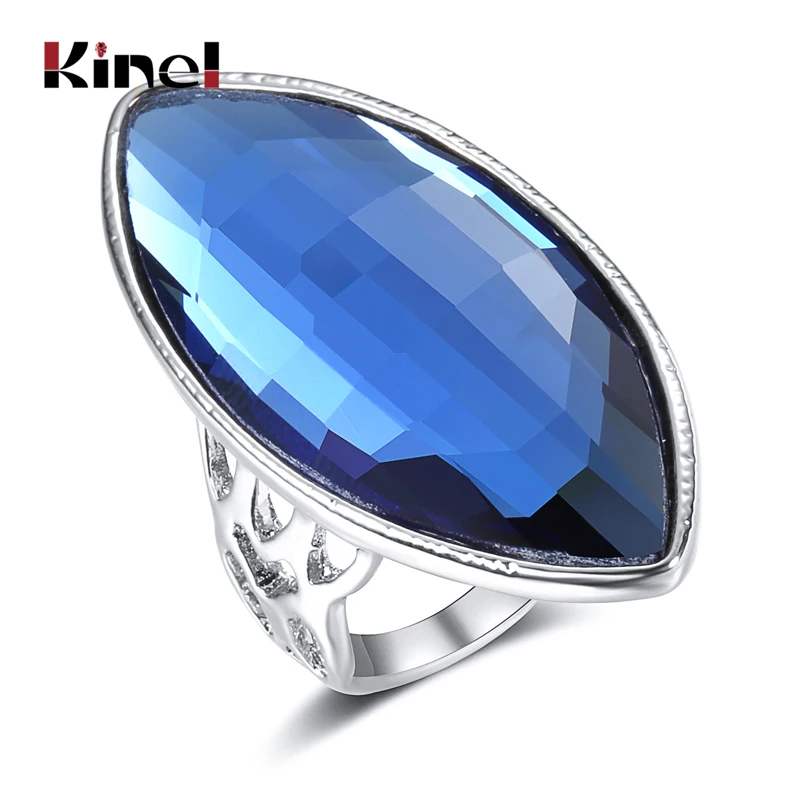 Kinel New Arrivals Luxury Blue Glass Crystal Rings For Women Silver Color Vintage Wedding Ring Christmas Gift Punk Jewelry