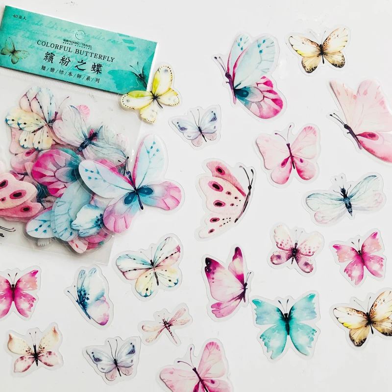 40 pcs /Bag Gradient Pink Green Butterfly PVC Decorative Adhesive Sticker DIY Craft Notebook Decoration