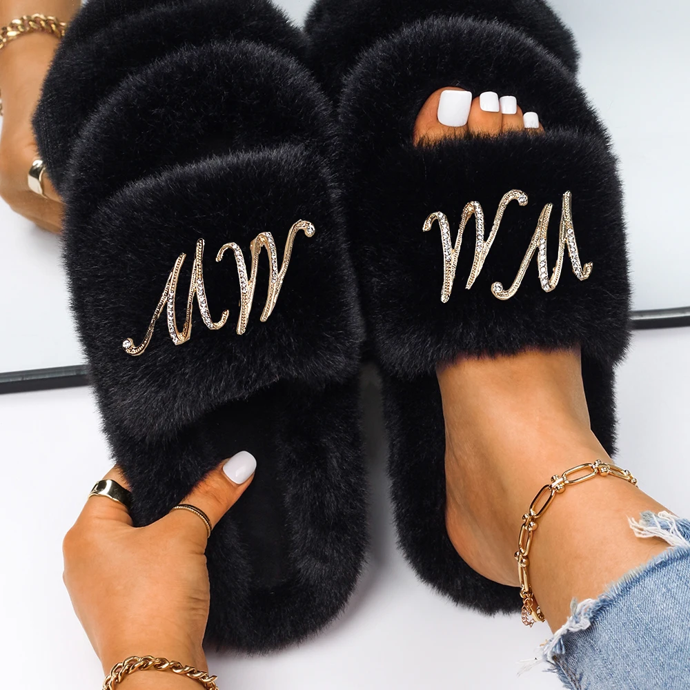 Women Flat Slippers Faux Fur Female Shoes Metal Letter M Indoor Slide Winter Casual Home Slippers Fluffy Flip Flops Sandals