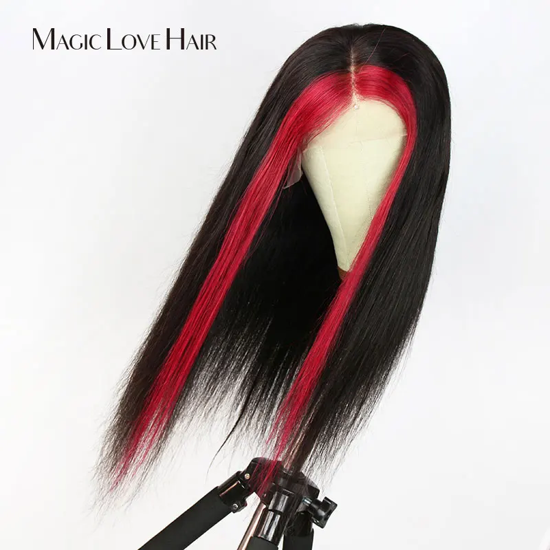 

Magic Love Red Highlight Wig Pre Plucked Straight Lace Front Wig Brazilian Remy Hair Wigs Ombre Colored for Women