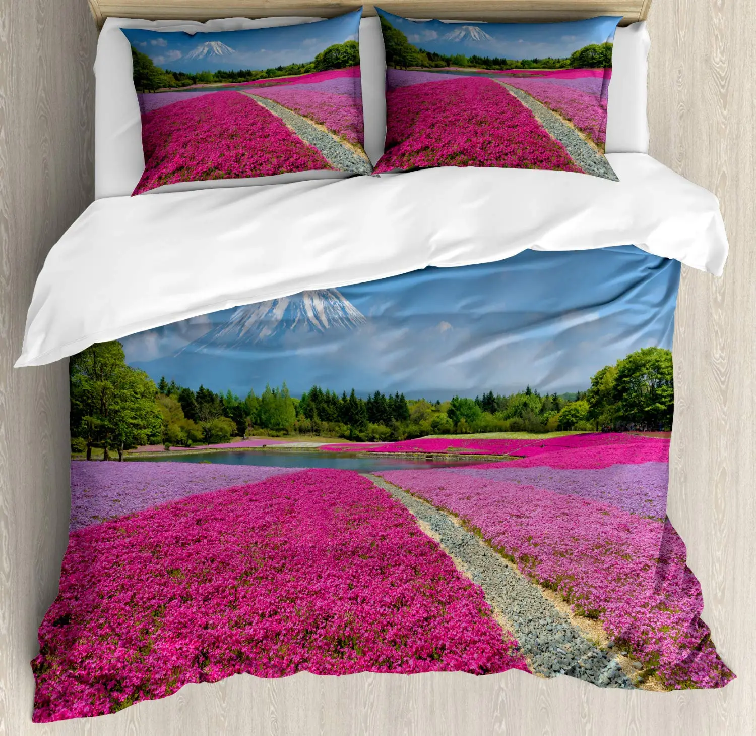 

Fuji Duvet Cover Set Shibazakura Scenery of Flourishing Flowers 3 Piece Bedding Set Magenta Olive Green Sea Blue and Pale