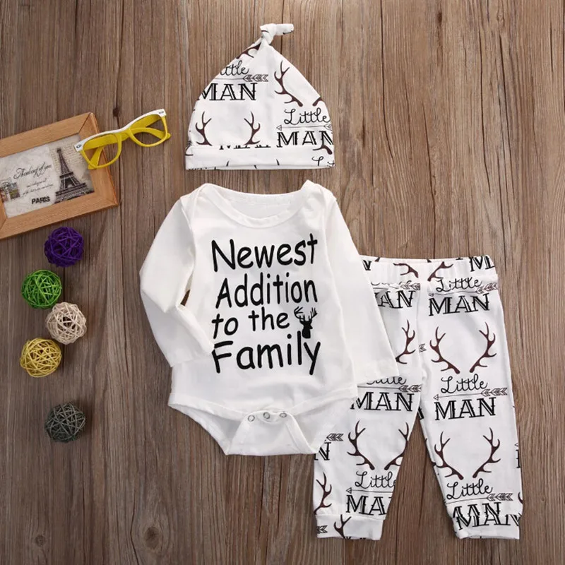 Newborn baby clothing set 2021 spring and autumn letters are newly added to the family long-sleeved romper + pants + hat 3PCS