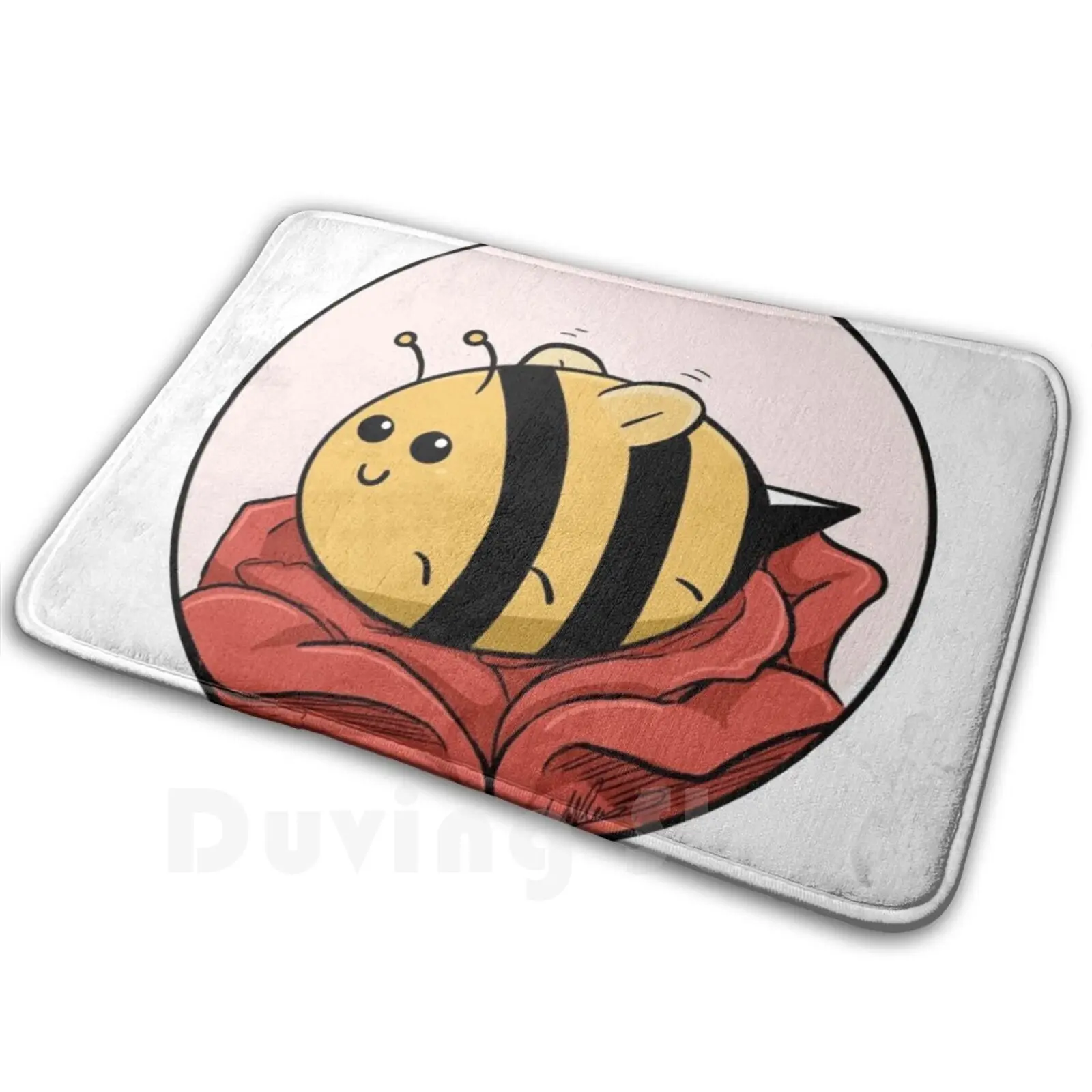 Rose Bee Carpet Mat Rug Cushion Soft Non-Slip Rose Flower Red Yellow Pollination Warm Bee Bumblebee Spring