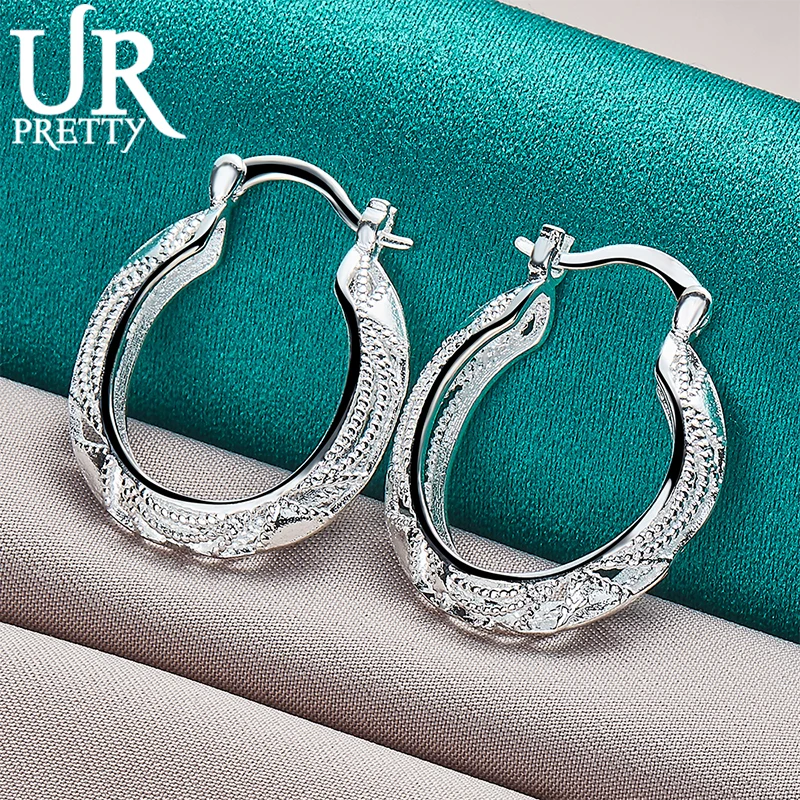 UPRETTY New 925 Sterling Silver 22mm Vintage Engraved Hoop Earring For Women Lady Party Wedding Engagement Charm Jewelry Gift