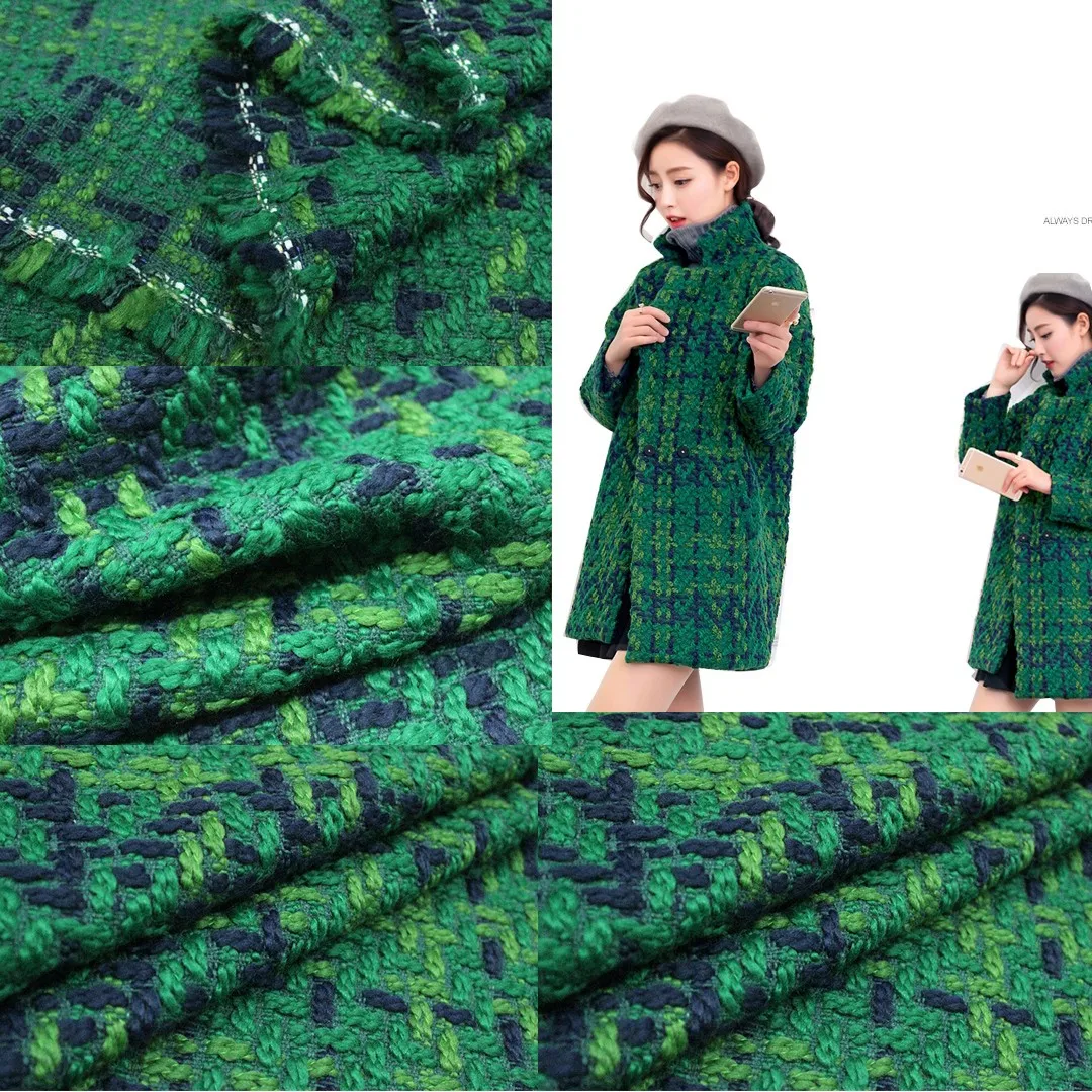 JaneYU 2023 New Arrival Green Chequered Wool Fabric Knitted Woolen Blends For Autumn And Winter Garments DIY Colth