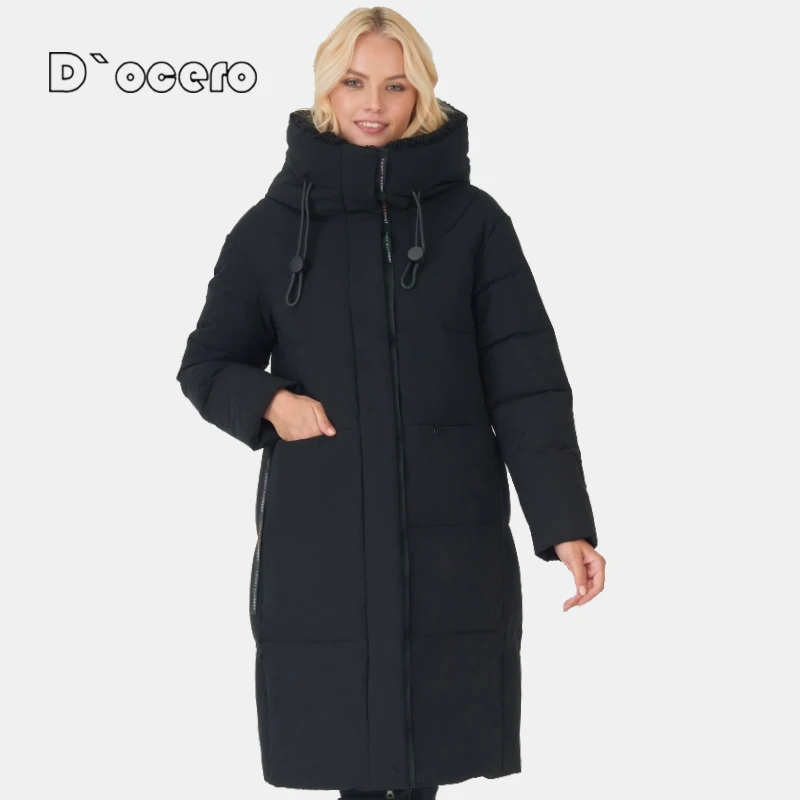 D`ocero 2022 Women Winter Coats Simple Fashion Long Down Jacket Female Parka Warm Large Size Quilted Coat Hooded Outerwear