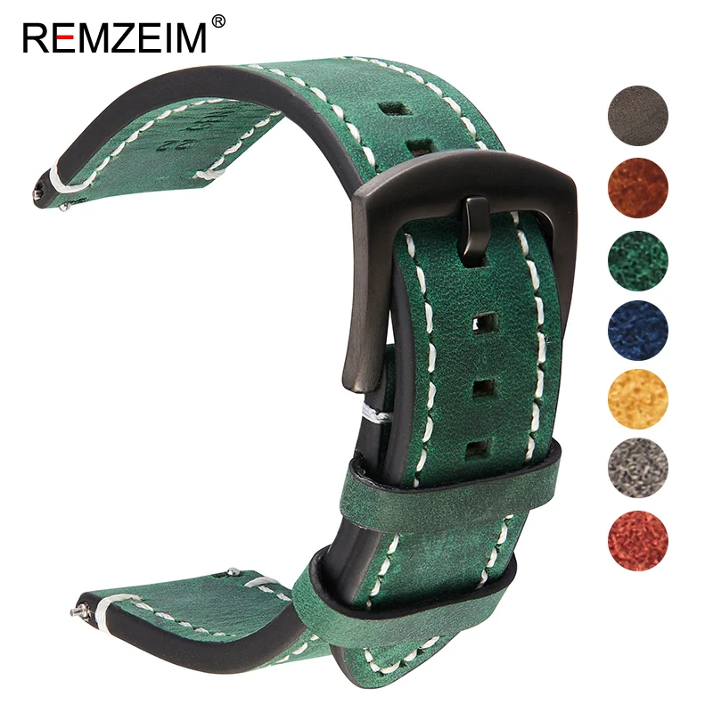 REMZEIM Genuine Leather Watchbands Bracelet Black Blue Gray Brown Cowhide Watch Strap Women Men 18mm 20mm 22mm 24mm Wrist Band