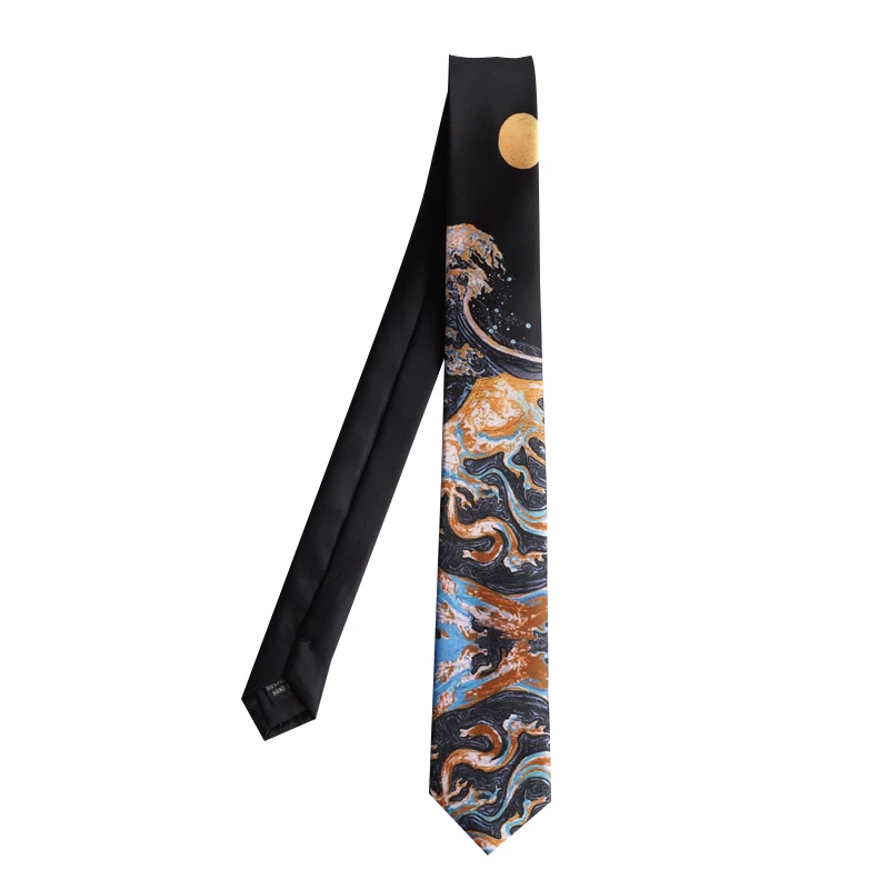 Free shipping New Men's male female Original design Black Gold Waves and Wind Prints Narrow Tie 6cm Retro Literary Gift necktie