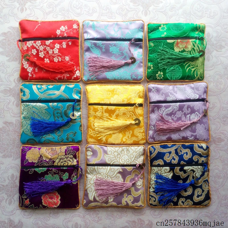 

100 Pcs Tassel Jewelry Pouches Rectangle Silk Brocade Gifts Bags Chinese Style Lucky Collected Beads Storage Bags 17x9cm