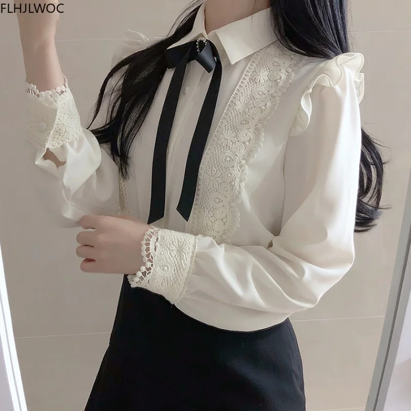 Ruffled Autumn Spring Basic Office Lady Work Wear Women Single Breasted Button Solid Peter Pan Collar Top White Shirts Blouses