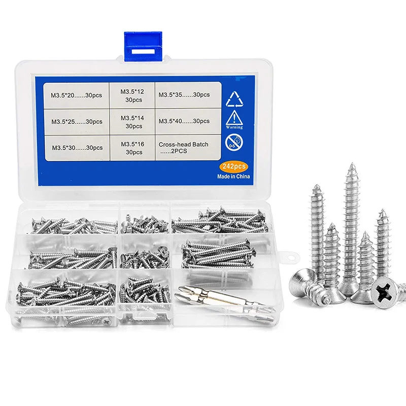 272 Pcs Self-tapping Screw Set Head Self Drilling Tapping Screw Kit 410 Stainless Steel Washer Head Cross Countersunk Head