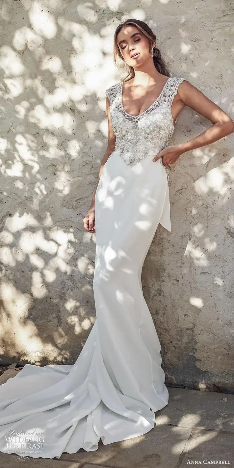 2020 Abiti Da Sposa con perline scollo a V Sexy Backless Sweep Train abito Da Sposa a sirena Abiti Da Sposa Plus Size Abiti Da Sposa