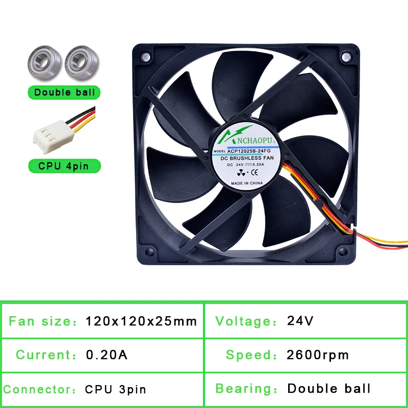 Ventilador de refrigeración funcional ACP12025B para fuente de alimentación del inversor, 12cm, 120mm, 120x120x25mm, DC24V, 0.20A