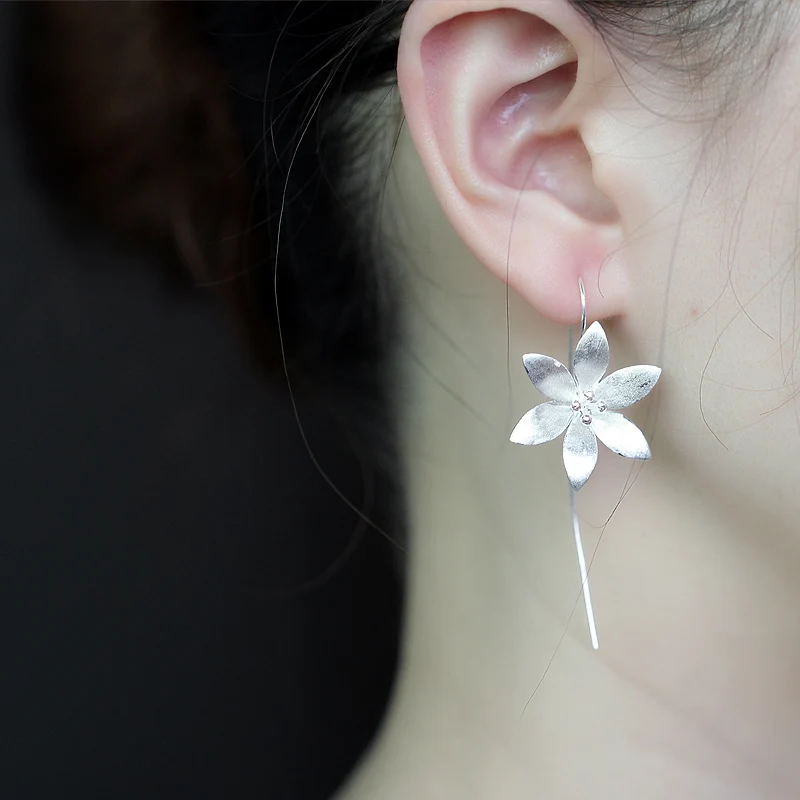 925 Sterling Silver Long Lotus Flower Drop Earrings dla kobiet Girs Fashion sterling-silver-jewelry Pendientes