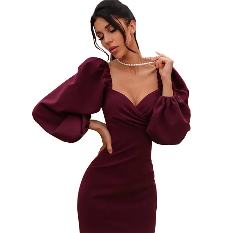 

Sexy Pure V Neck Off Shoulder Bodycon Dress Women 2021 Spring Club Party Night Red Elegant Dress Mujer Black Dress Puff Sleeve