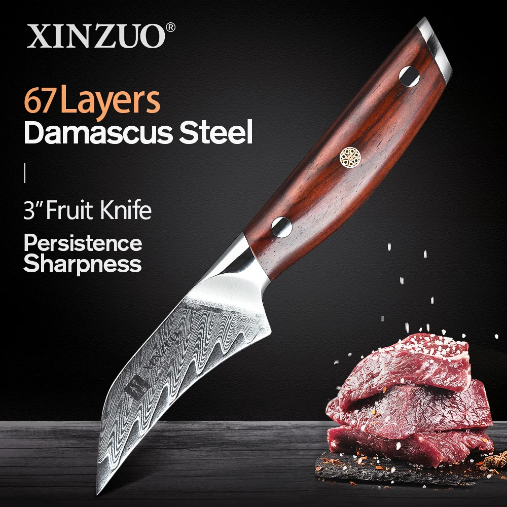 

XINZUO 3" Paring Knife Kitchen Knives Damascus Steel Razor Sharp Blade Stainless Steel Fruit Knives Excellent Rosewood Handle