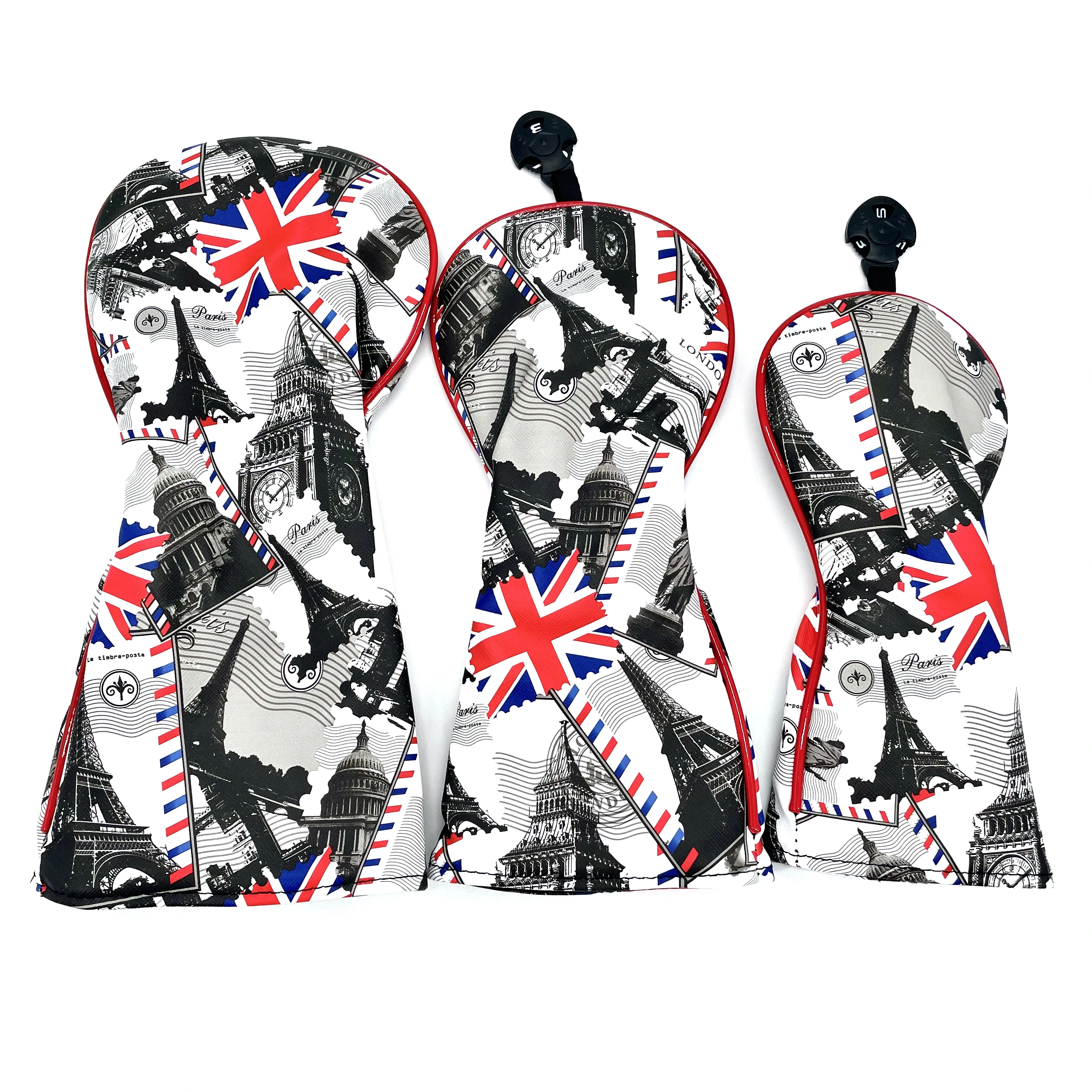 Golf Head cover Driver Head Covers Fairway Wood Head Covers Hybrid Head Covers Pu Leather British Flag Eiffel Tower Pattern