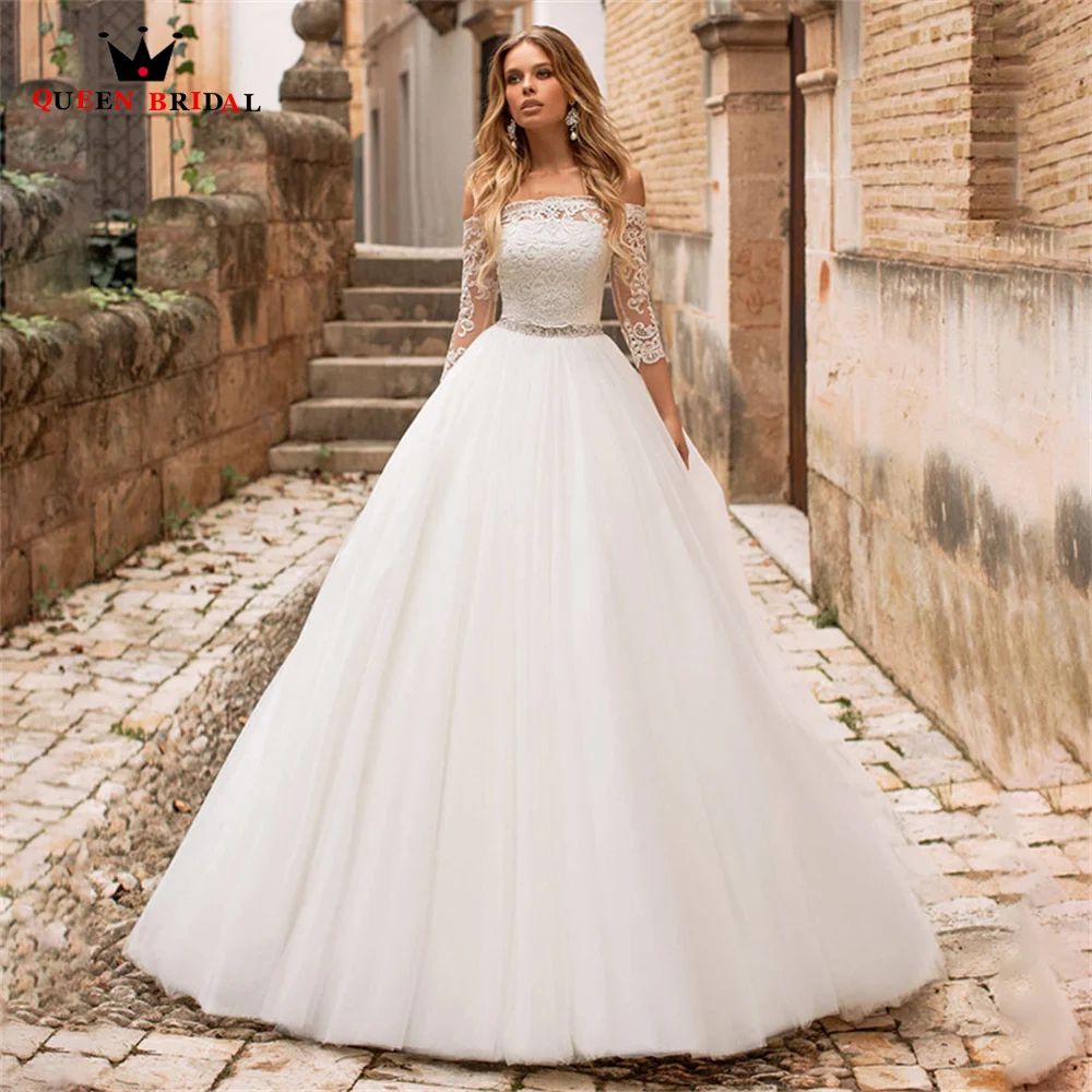 Simple A-line Wedding Dresses 3 4 Sleeves Tulle Lace Crystal Belt Formal Bridal Gown 2023 New Design Custom Made DS35