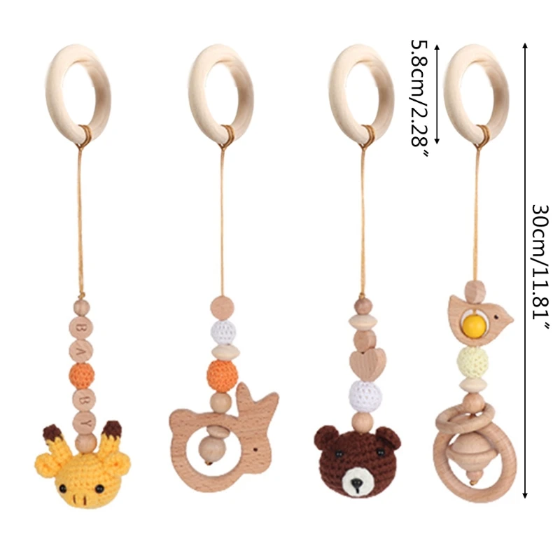 4Pcs/Set Baby Wooden Bear Rabbit Rattle Toys Hanging Play Gym Wood Crochet Pendant Teether Accessories Nursing Stroller Toys