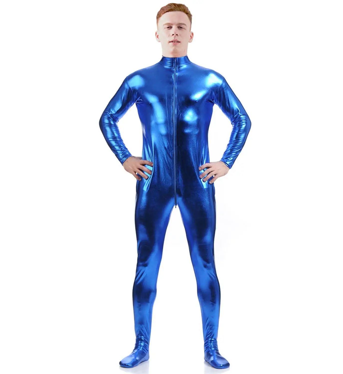 Ensnovo mężczyźni Nylon elastan garnitur czarne błyszczące metalowe rajstopy bezgłowy Zentai Full Body Unitard niestandardowe skóry Cosplay Body