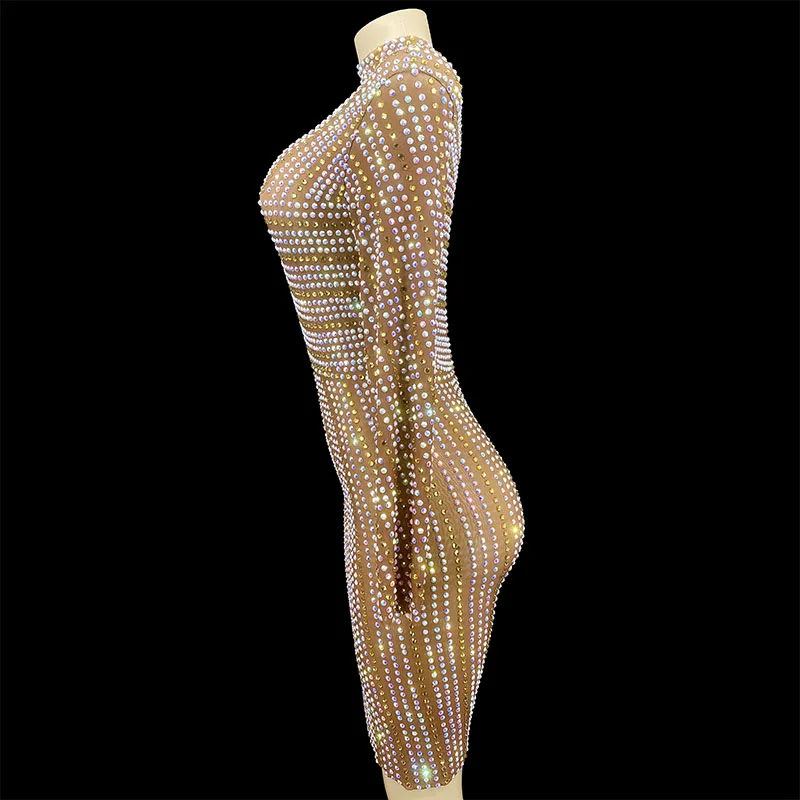 

Silver Rhinestones Transparent Mini Dress Shining Dancer Prom Performance Outfit Evening Birthday Celebrate Costume