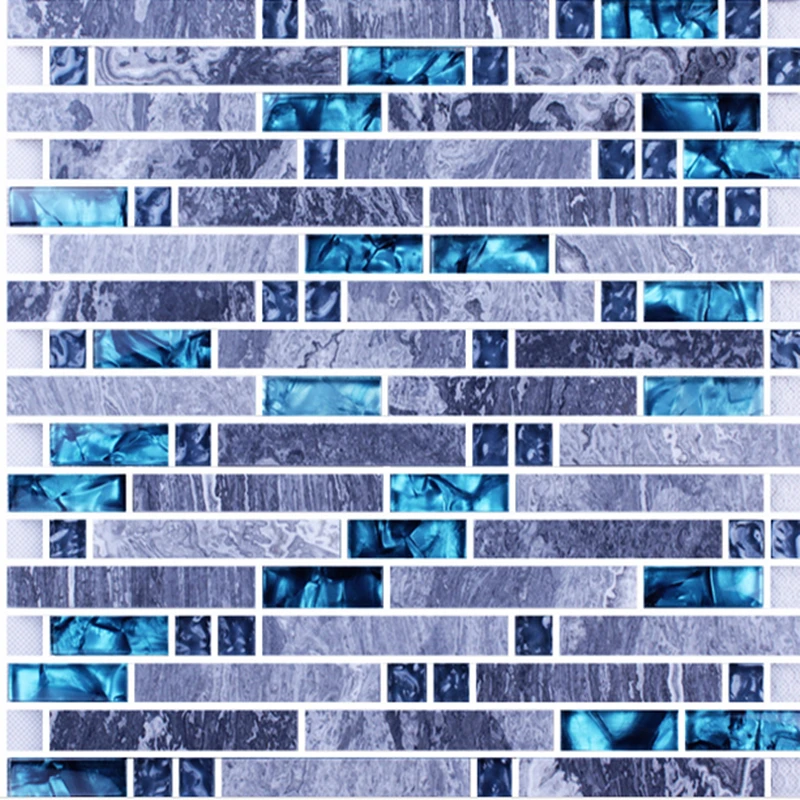 Long Strip Grey Marble Stone Blue Resin mix Crystal Glass Mosaic Tile Kitchen Splashback Bathroom Wall Tile