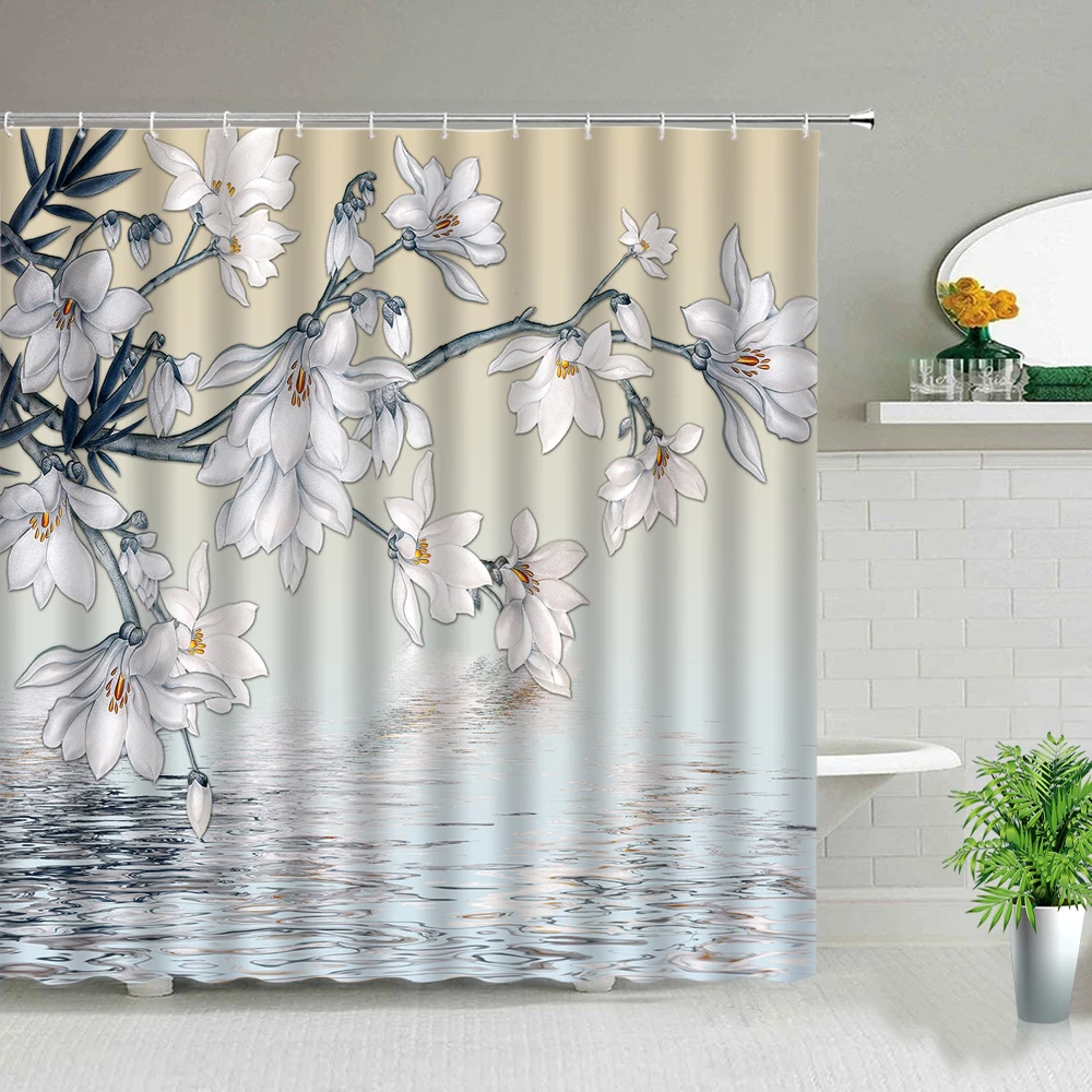 Cortinas de ducha de flores y plantas 3D, estampado de flores de diente de león púrpura Simple, poliéster, decoración del hogar, cortina de baño impermeable