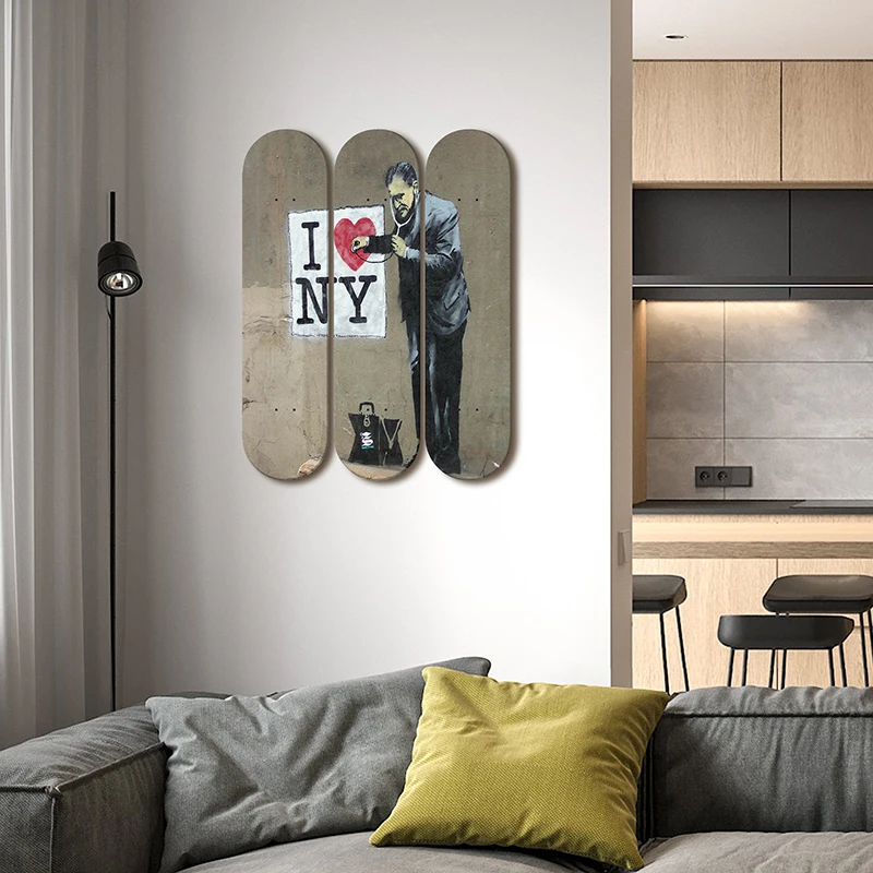 3pcs Retro Banksy Skateboard Wall Mural Skate Deck I Love NY Home Decor Room Ornaments for Club Bar Living Room Decoration