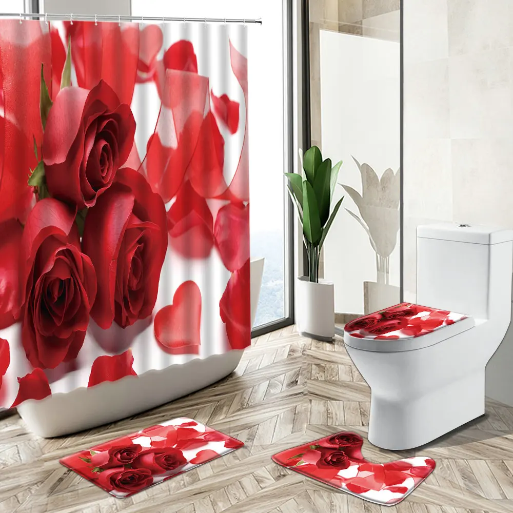 

Red Rose Blooming Flower Shower Curtain Poppy Black White Stripes Creative Art Non-Slip Pedestal Rug Toilet Cover Bathroom Set