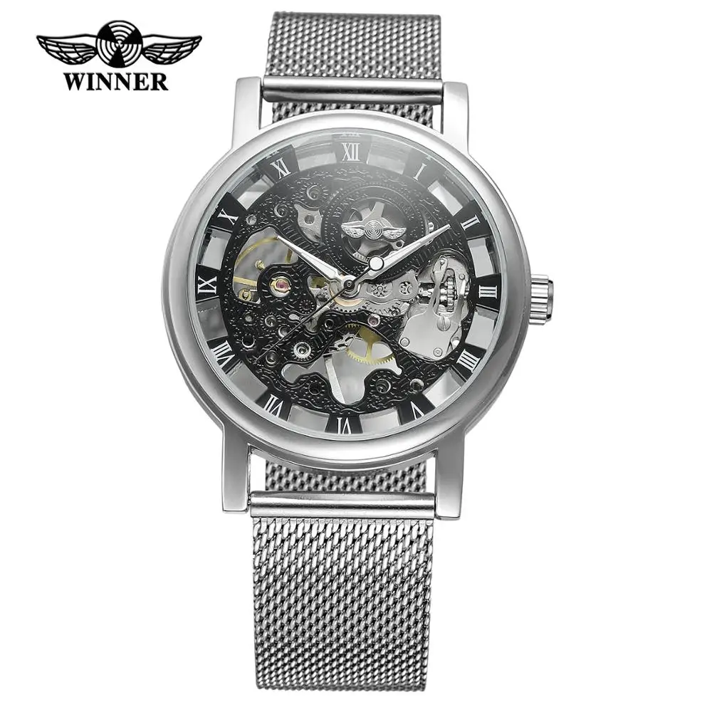 WINNER WATCH sleek minimalist silver Roman numerals dial, luxurious low-key men's mesh mechanical watch