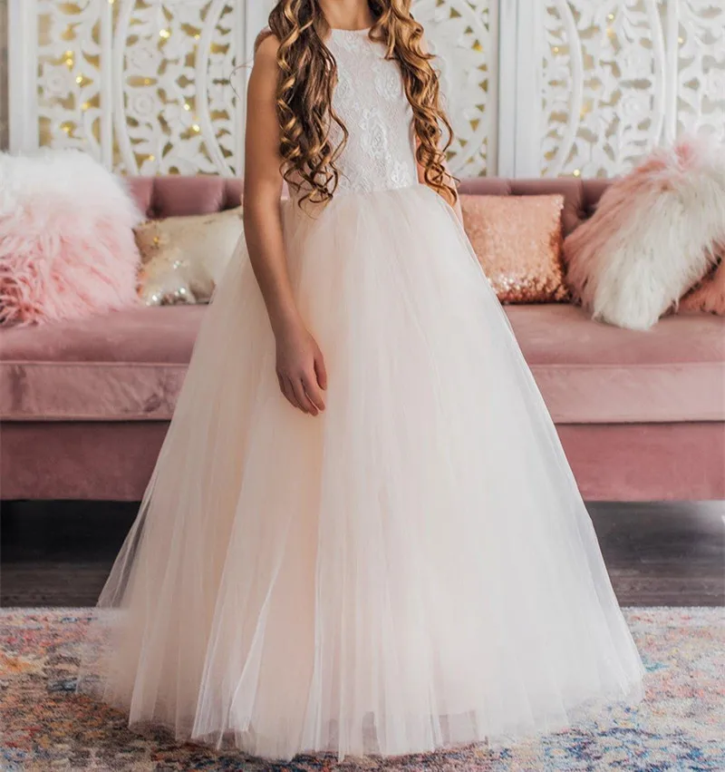 Vestido de flores para niña, vestido de novia fruncido, con cuello de Joya, sin mangas, Apliques de encaje de tul, vestido de fiesta de cumpleaños para niña