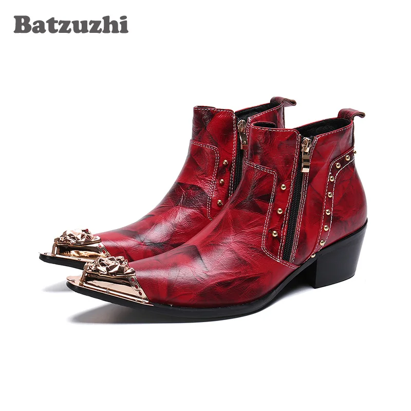 

Batzuzhi Pointed Metal Toe Red Party and Wedding Boot Men Retro British Style Men Shoes Genuine Leather Ankle Boots Men, US6-12